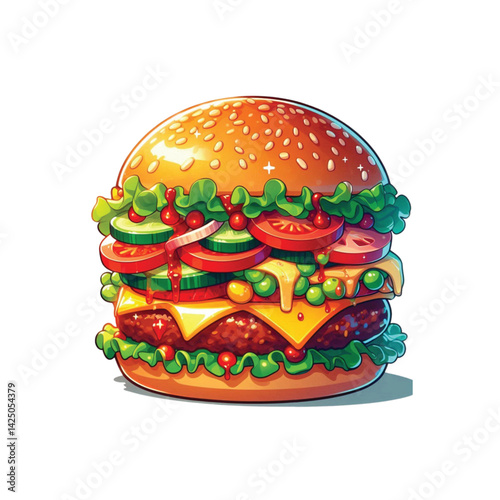 High resolution and high quality anime style vector illustration of a brightly colored burger with several toppings on a simple white background.