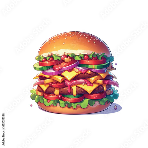 High resolution and high quality anime style vector illustration of a brightly colored burger with several toppings on a simple white background.