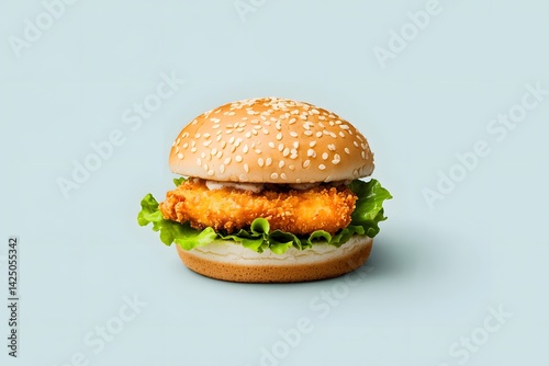 Delicious crispy fried fish sandwich with fresh lettuce creamy tartar sauce and a toasted sesame seed bun served as a tasty and satisfying fast food or restaurant style meal option