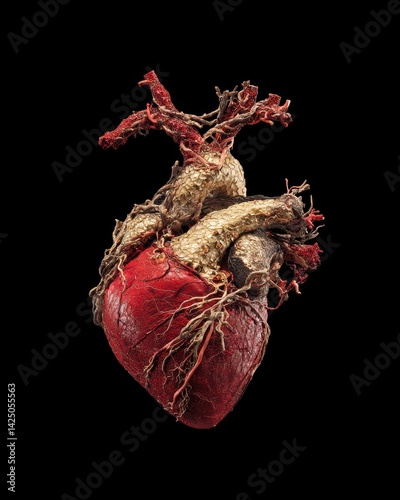 Intricate anatomical heart adorned with scales and detailed veins against black backdrop concept of human anatomy
