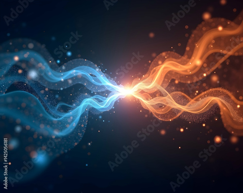 Abstract representation of wave particle duality with luminous energy streams, symbolizing quantum physics and scientific discovery with interweaving light particles
