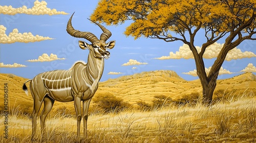 Majestic kudu antelope with large spiral shaped horns standing in a savanna landscape under an acacia tree  This African bovid species is known for its distinctive corkscrew like horns and graceful