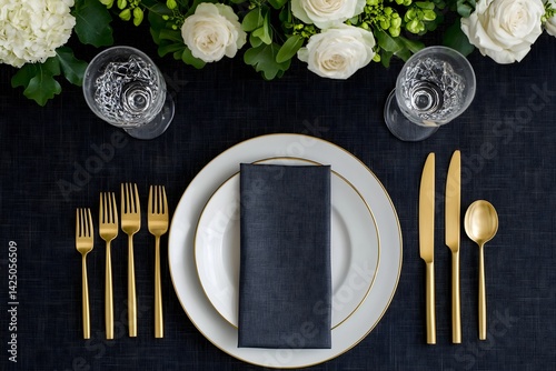 Exquisite fine dining table setting featuring premium tableware including golden cutlery crystal stemware and silk napkins