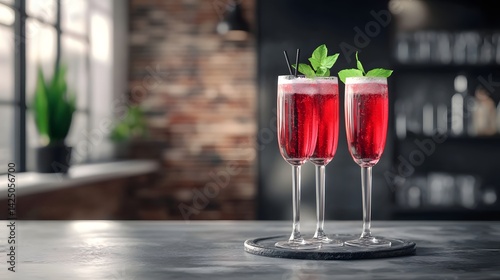 Exquisite handcrafted cocktail served in an elegant fine dining bar setting with soft warm lighting  The vibrant red drink is garnished with fresh mint