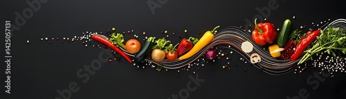 Flowing trails of colorful vegetables and fruits create a conceptual of brain waves representing the energy creativity and connections of the human mind