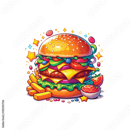 High resolution and high quality anime style vector illustration of a brightly colored burger with several toppings on a simple white background.