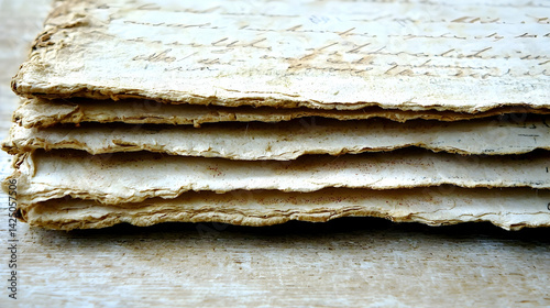 Stack of antique handwritten letters on a wooden table, capturing history and nostalgia