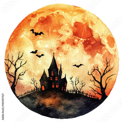 Full moon rising over a Halloween scene, watercolor illustration, isolated on a white background.


