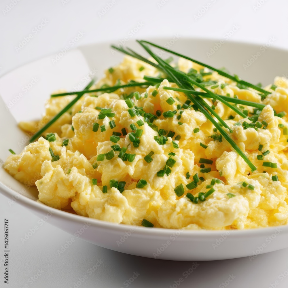 Delicious Scrambled Eggs with Fresh Chives in a White Bowl Culinary Delight Bright Kitchen Detail Focus Food Delicious Scrambled Eggs with Fresh Chives in a White Bowl Culinary Delight Bright Kitchen Detail Focus Food