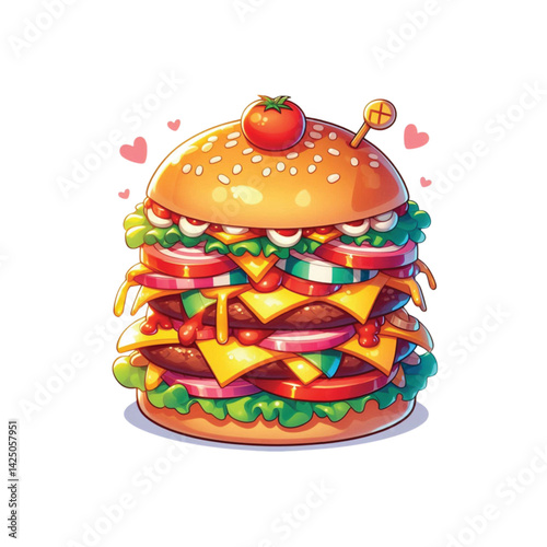 High resolution and high quality anime style vector illustration of a brightly colored burger with several toppings on a simple white background.