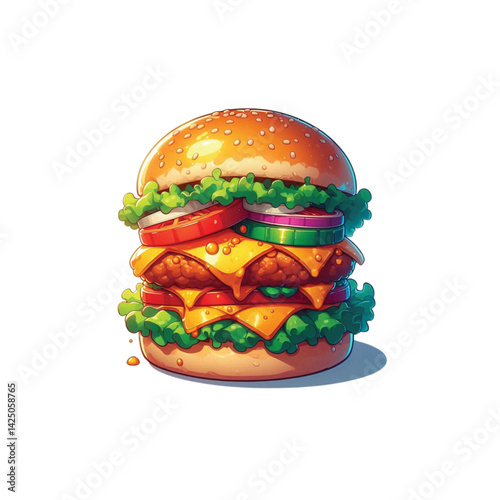 High resolution and high quality anime style vector illustration of a brightly colored burger with several toppings on a simple white background.