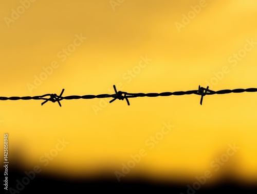Silhouette of Barbed Wire Against Golden Sunset Sky Capturing Sharp Focus and Golden Hour Radiance