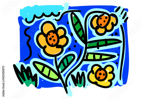 Expressive pop art illustration of bright yellow flowers with bold black outlines and a cheerful blue background.