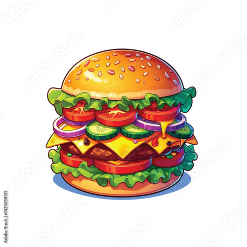 High resolution and high quality anime style vector illustration of a brightly colored burger with several toppings on a simple white background.