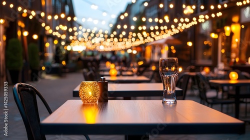 Luxurious outdoor fine dining restaurant setting with twinkling fairy lights creating a romantic and captivating ambiance for a premium culinary experience