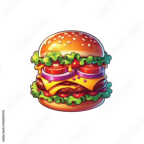 High resolution and high quality anime style vector illustration of a brightly colored burger with several toppings on a simple white background.