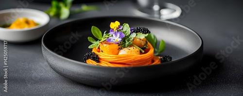 Luxurious seafood pasta dish with caviar and vibrant edible flowers artfully presented on a black plate for a gourmet high end culinary experience