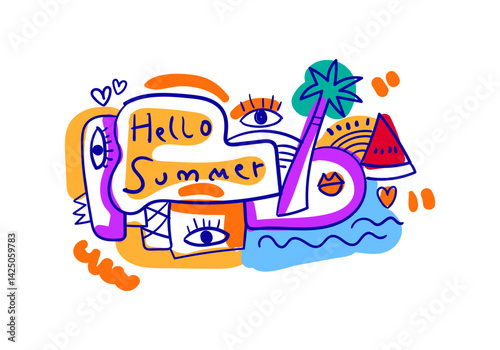 Modern pop art cubism illustration featuring summer elements like palm trees, sun, and abstract faces with the text Hello Summer