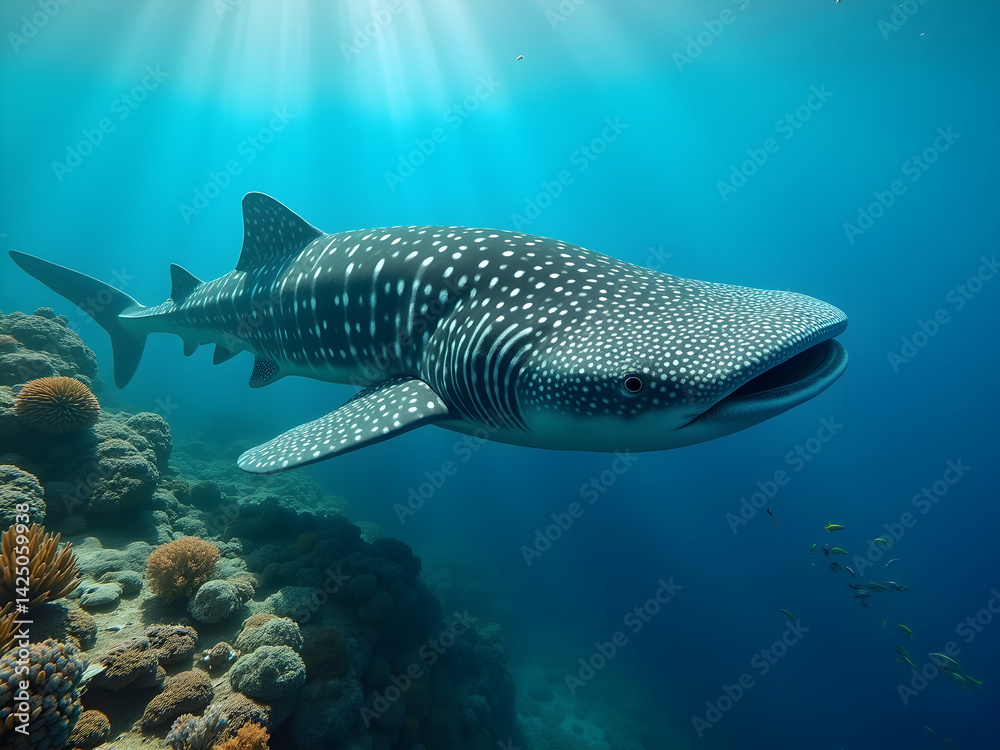 Fototapeta premium An image that captures the awe inspiring presence of a whale shark as it navigates the ocean's currents displaying its unique markings and graceful form with marine life