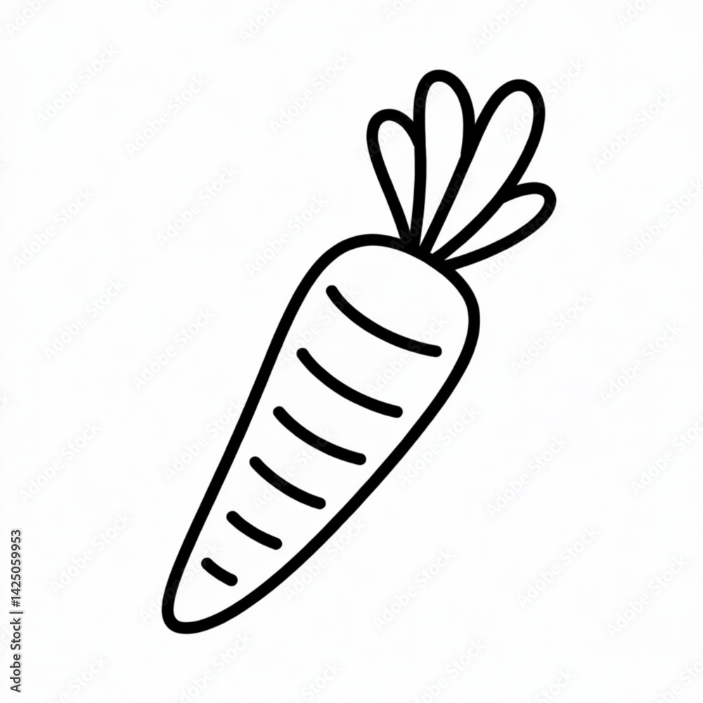 Simple black and white carrot illustration with leafy top and horizontal lines for healthy food and vegetable designs Simple black and white carrot illustration with leafy top and horizontal lines for healthy food and vegetable designs