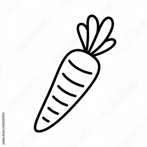 Simple black and white carrot illustration with leafy top and horizontal lines for healthy food and vegetable designs