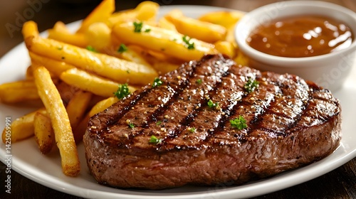 Luxury Steak Dinner with Truffle Fries Gourmet Plating and Fine Dining Experience   Delicious juicy steak with crispy golden truffle fries presented in an elegant upscale restaurant setting