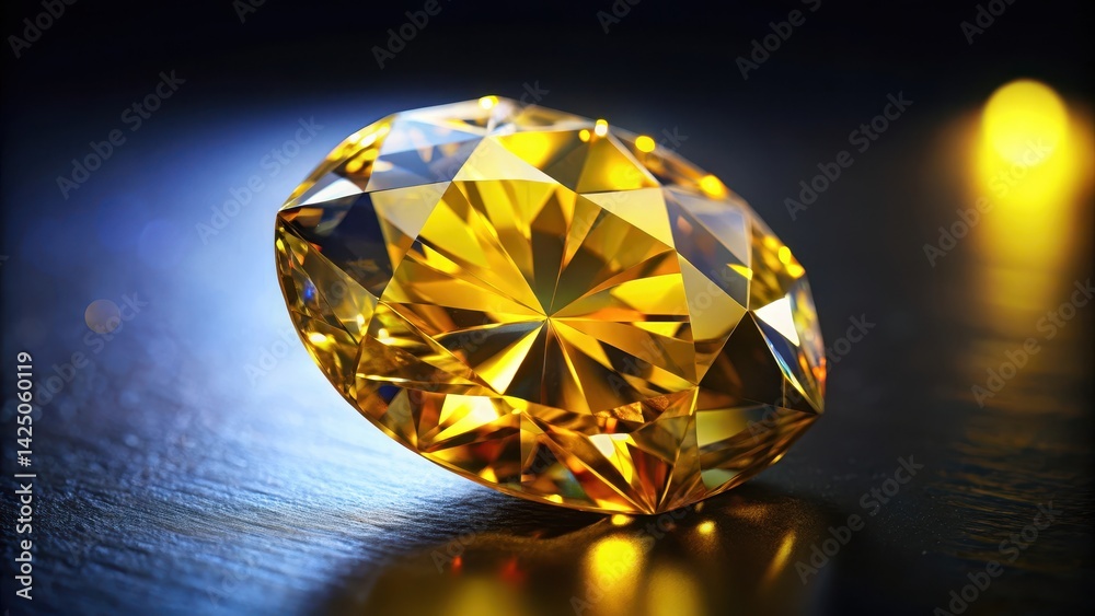 Detailed image of a bright yellow diamond gemstone set against a dark and sleek background, showcasing its vibrant color and intricate facets , close-up, dark background Detailed image of a bright yellow diamond gemstone set against a dark and sleek background, showcasing its vibrant color and intricate facets , close-up, dark background