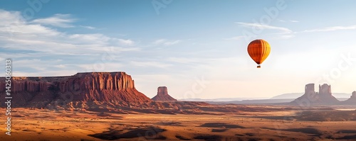 Majestic Hot Air Balloon Floating over Vibrant Desert Landscape with Red Rock Formations at Stunning Sunrise  Serene and Aerial View of Remote and Picturesque Desert Scenery