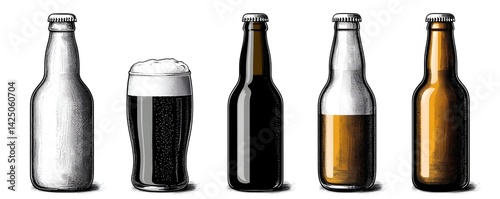 Minimalist Black and White Craft Beer Bottle and Glass Design Concept  Stylish Branding and Packaging Mockup with No Text Clean and Simple Abstact Background