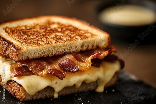 Mouthwatering Close up of Bacon Cheeseburger with Melted Cheese Oozing Out on Toasted Golden Brown Bun  Delicious and Savory Fast Food Meal or Snack Concept