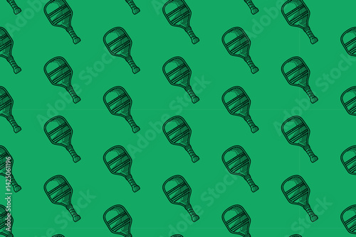 pickleball bat doodle seamless pattern on green background. classic pickleball paddle engraving pattern background. retro pickleball racket background for pickleball sport merchandise