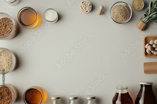 Overhead top down view of an experimental homebrew setup with various ingredients and equipment items arranged creatively on a table or flat surface  The image showcases a minimalist organic