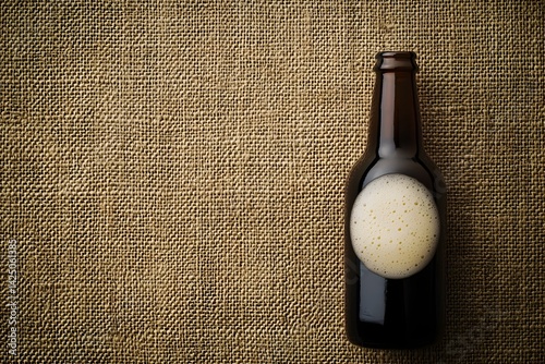 overhead shot of an open beer bottle with amber colored liquid and creamy frothy foam bubbling over the top  The image has a dark moody