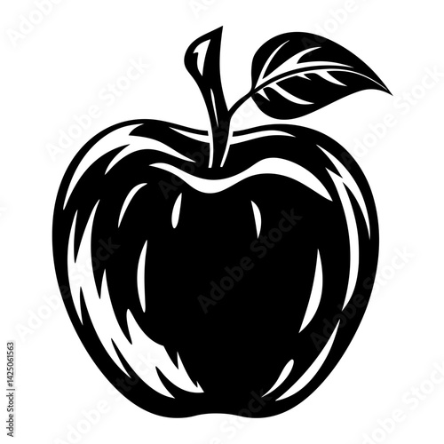 Stylized black and white vector image of a glossy apple with leaf