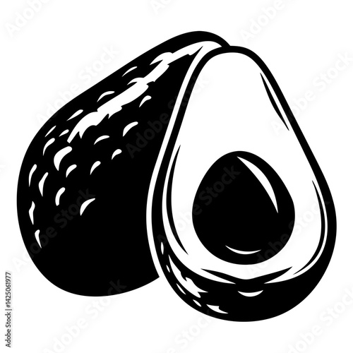 Stylized Monochrome Image of a Whole and Halved Avocado Fruit