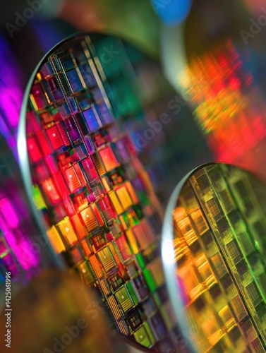 Semiconductor wafer array macro photography showcasing intricate microchip design and rainbow color spectrum