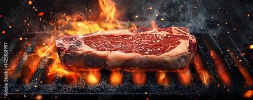 Professional chef skillfully preparing a dry aged steak over dramatic sizzling flames in a restaurant kitchen setting  The intense heat and lighting create a bold moody atmosphere
