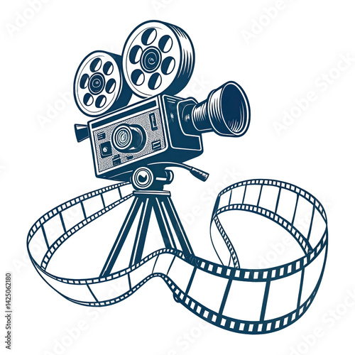 Detailed illustration of a vintage film camera with spools symbolizing the essence of filmmaking and artistry in cinema production and creative endeavors