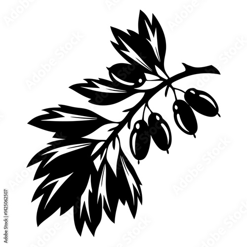 Stylized silhouette of a branch with jagged leaves and plump berries