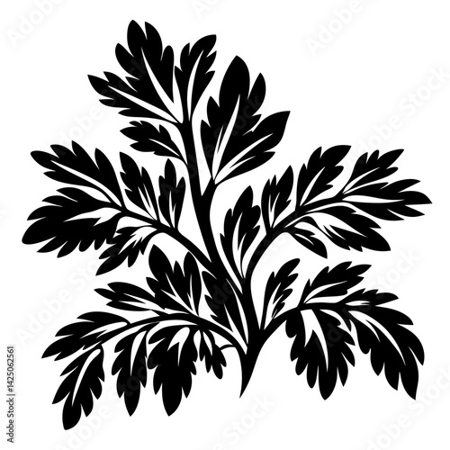 Black and white illustration of an abstract plant with intricate leaves
