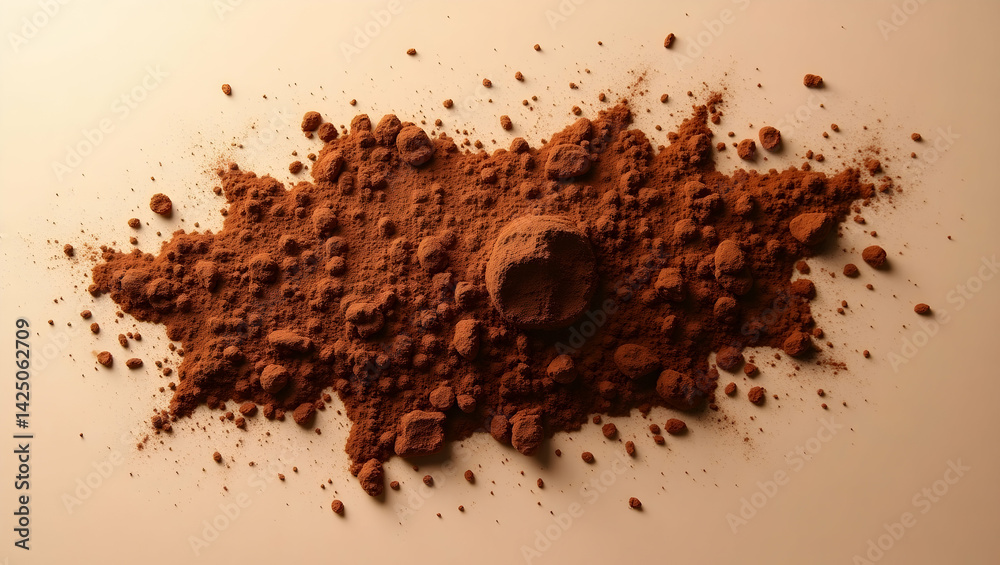 Artistic Flatlay of Bursting Cocoa Powder Displaying Rich Texture and Color Against a Light Backdrop, Evoking Culinary Delights and Sweet Sensations Artistic Flatlay of Bursting Cocoa Powder Displaying Rich Texture and Color Against a Light Backdrop, Evoking Culinary Delights and Sweet Sensations
