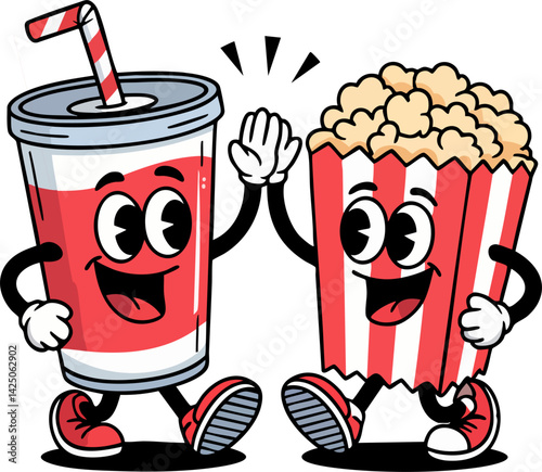 Cheerful Soda Cup and Popcorn Box Characters High-Fiving Vector Illustration
