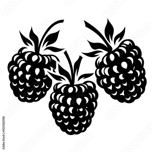 Three black and white stylized raspberries with leaves on a white background