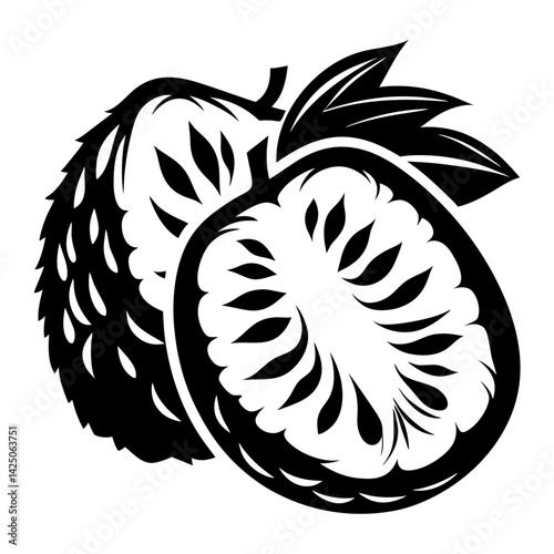 Elegant black and white illustration of two custard apples or soursops