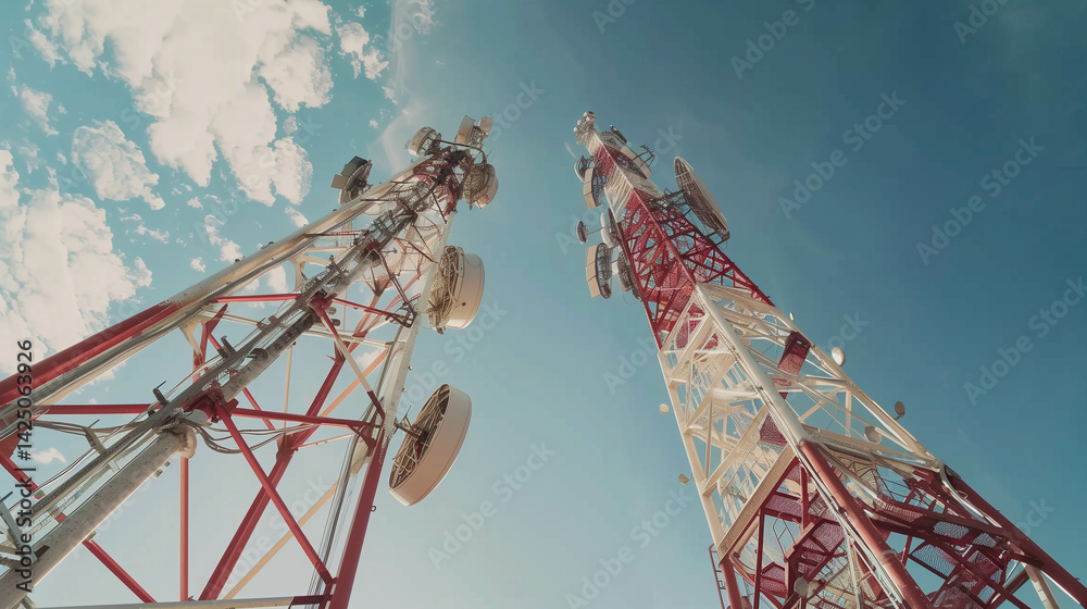 Low-angle view of red and white communication towers with antennas under clear blue sky
