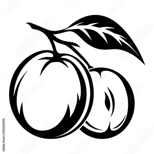 Stylized black and white drawing of two plums on a stem with a leaf