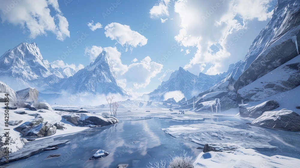 Majestic Snow-Covered Mountain Landscape with Reflective Frozen Lake Majestic Snow-Covered Mountain Landscape with Reflective Frozen Lake