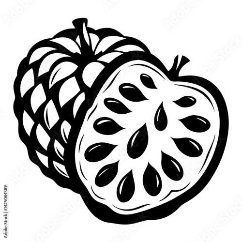 Black and white Annona squamosa or sweetsop fruit vector illustration
