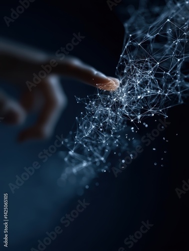 Human hand interacts with futuristic network structure in a connected world on a dark blue background