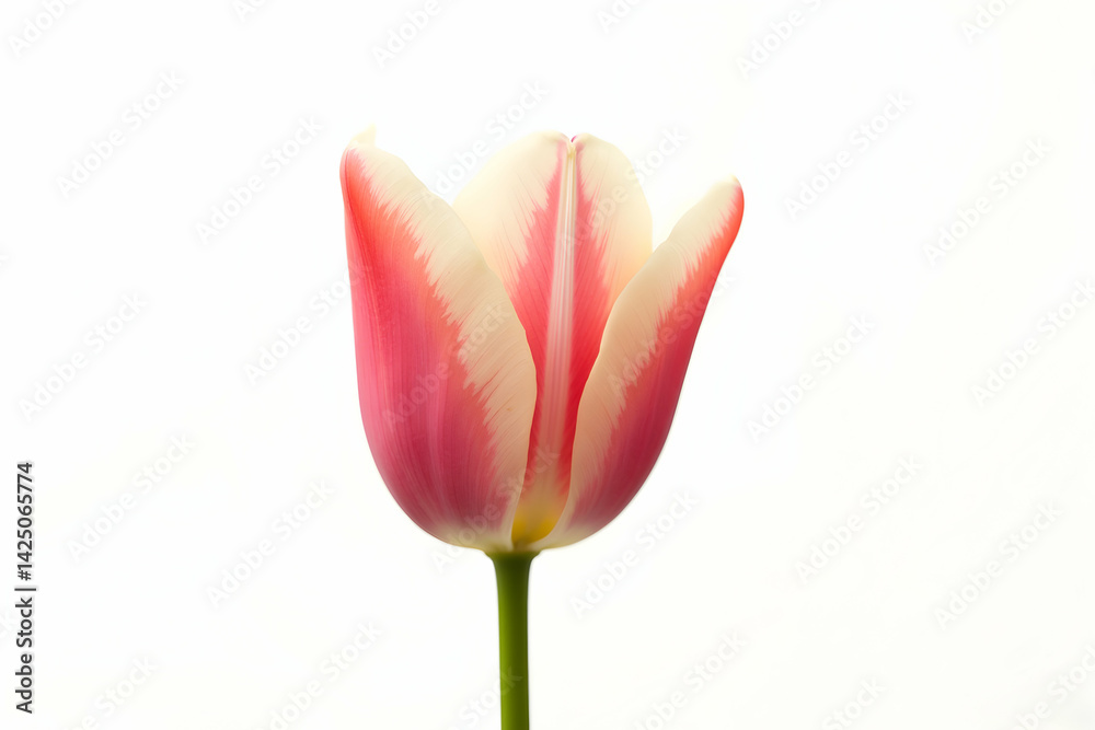 Captivating Close-Up of a Single Tulip Petal Showcasing Delicate Pink and White Coloration Against a Clean White Canvas in a Studio Setting Captivating Close-Up of a Single Tulip Petal Showcasing Delicate Pink and White Coloration Against a Clean White Canvas in a Studio Setting
